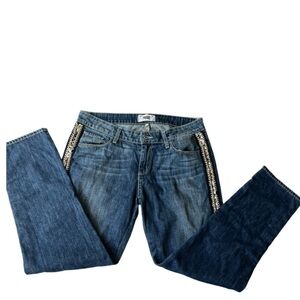 PAIGE  “ Jimmy Jimmy Crop”Women's Straight Leg Blue Jeans with Embellished Sides